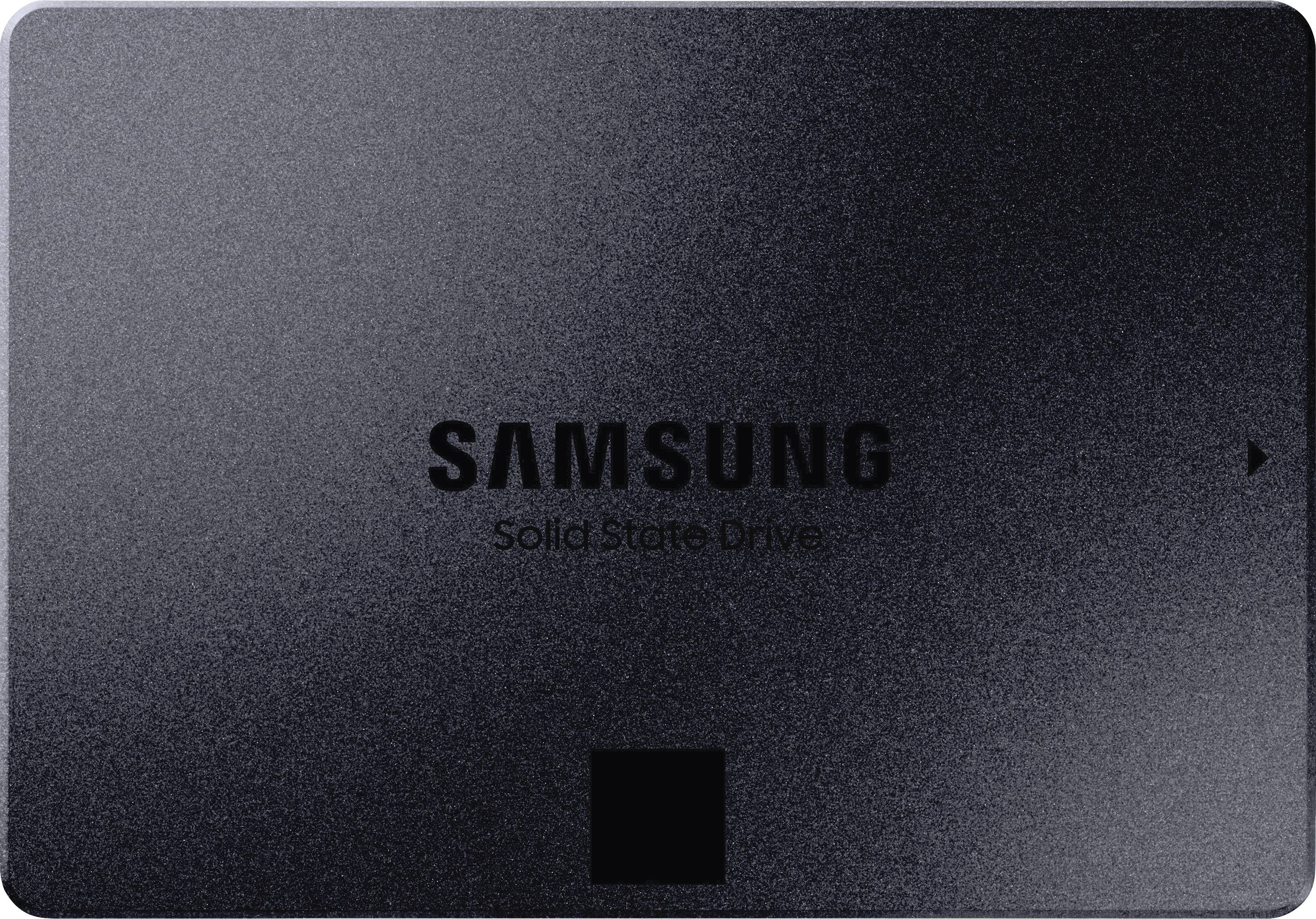 Zwarte externe Samsung Solid State Drive met de tekst 'Samsung Solid State Drive' op de voorkant.