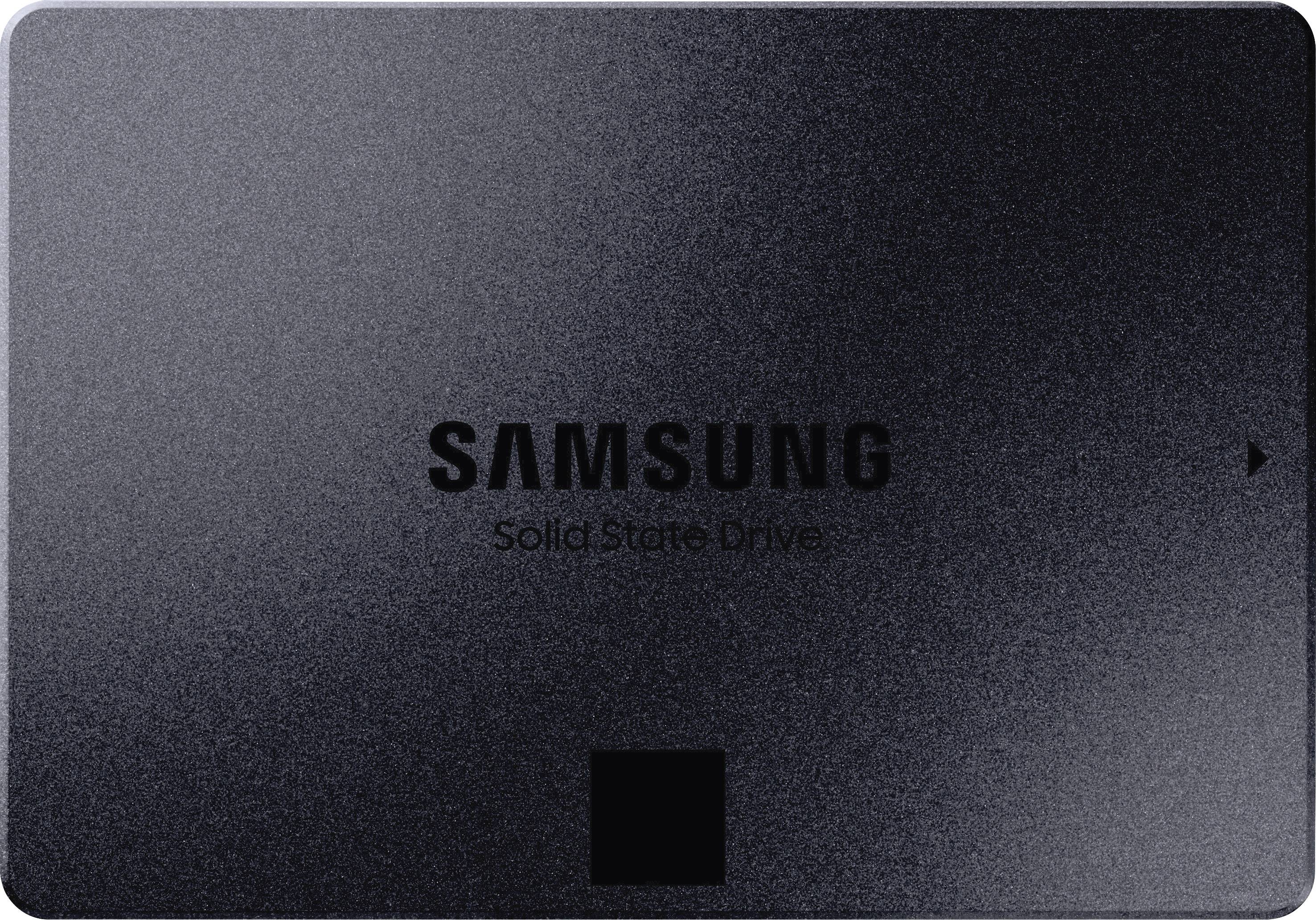 Externe Samsung Solid State Drive in donkere behuizing, vooraanzicht met logo.