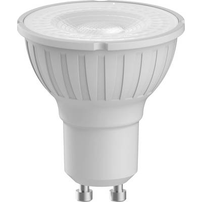 Een witte GU10 LED-lamp met een matte behuizing en een geribbeld ontwerp. Geschikt voor energiezuinige verlichting.