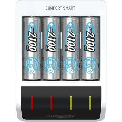 Oplader met vier opgeladen AA-batterijen en een display dat de laadstatus aangeeft: drie groene en één rode lamp.