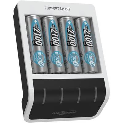 Batterijlader met vier AA-batterijen. Bovenaan staat 'Comfort Smart'. Batterijen zijn voorzien van de opdruk '2100 mAh' en 'maxE'.