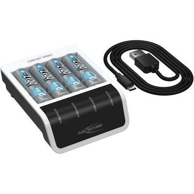 Oplader met vier AA-batterijen en USB-aansluitkabel, geschikt voor oplaadbare batterijen. Merknaam 'Ansmann' herkenbaar.