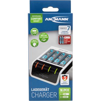 De afbeelding toont een verpakking van een 'Ansmann Comfort Smart Oplader' voor AA-/AAA-batterijen. Het belooft snelle en veilige oplading.