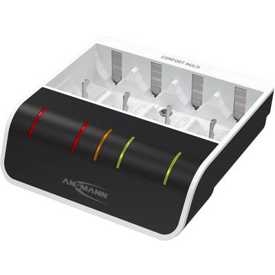 Een batterijlader met zes laadplaatsen, gekenmerkt door vier gekleurde LED-statusaanduidingen aan de voorkant: rood, oranje en groen.