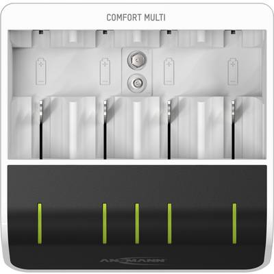 Een oplader met vier sleuven voor AA- of AAA-batterijen. Bovenaan staat 'COMFORT MULTI' te lezen. Geschikt voor verschillende batterijtypes.