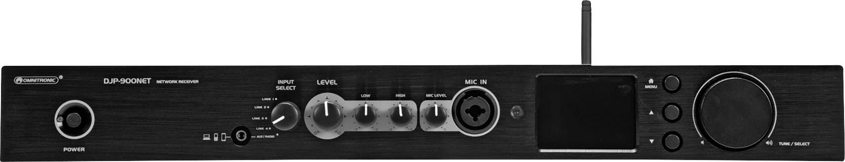 Een zwarte audio-ontvanger met meerdere knoppen en een klein display, gebruikt voor het bedienen van audioapparatuur.