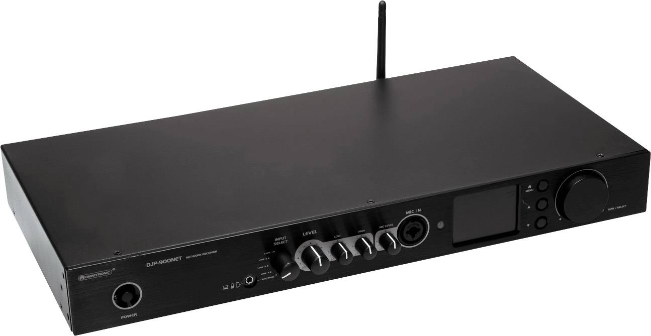 Zwart glanzend audio-interface met meerdere draaiknoppen en een display aan de voorkant.