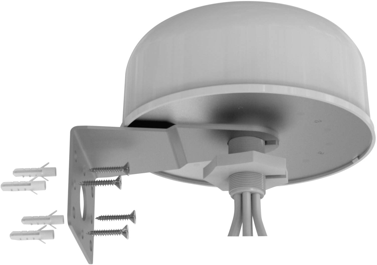 Montagehandleiding voor een ronde, witte antenne met beugel, schroeven en pluggen voor wandmontage.