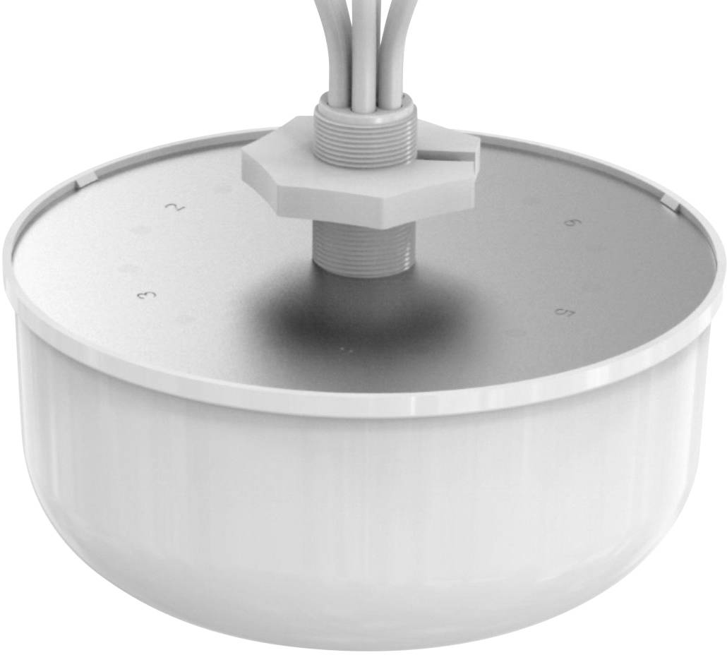 Cilindrische, witte container met een afneembaar deksel en een ingebouwd schroefdraadpijp, mogelijk bedoeld voor gebruik in een verlichtings- of technische inrichting.