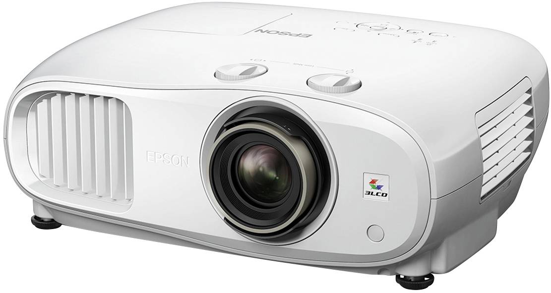 Een witte projector met een afgeronde vormgeving en een groot objectief in het midden, geschikt voor thuisbioscoop toepassingen.