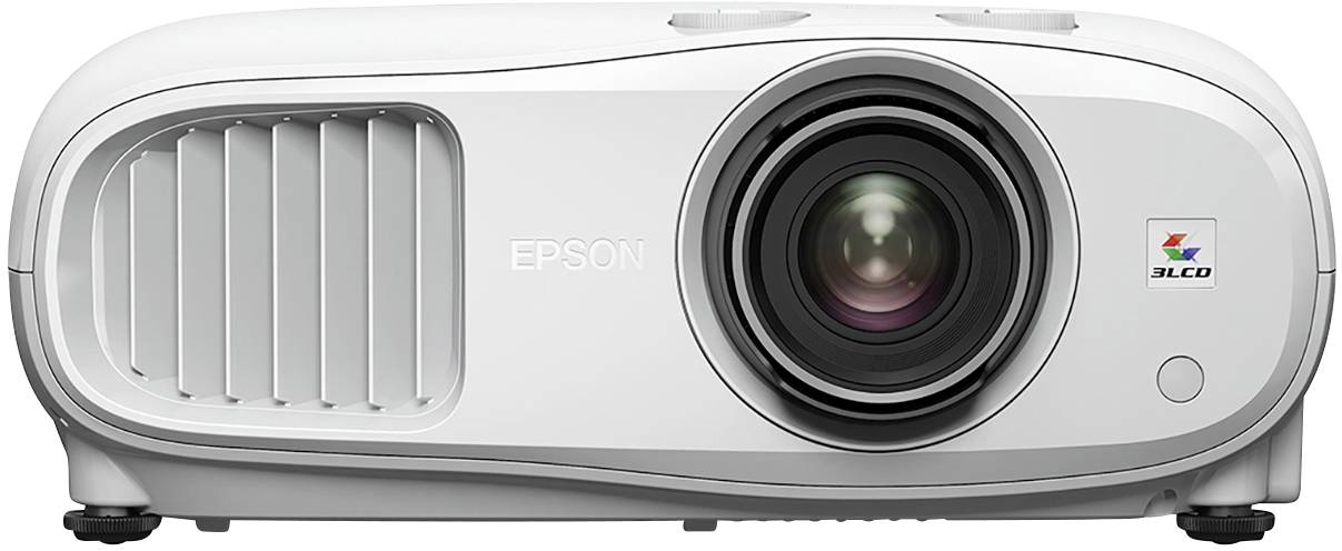 Een witte projector met lens links en het '3LCD'-logo rechts. Merk: Epson. Ideaal voor thuisbioscoop of presentaties.
