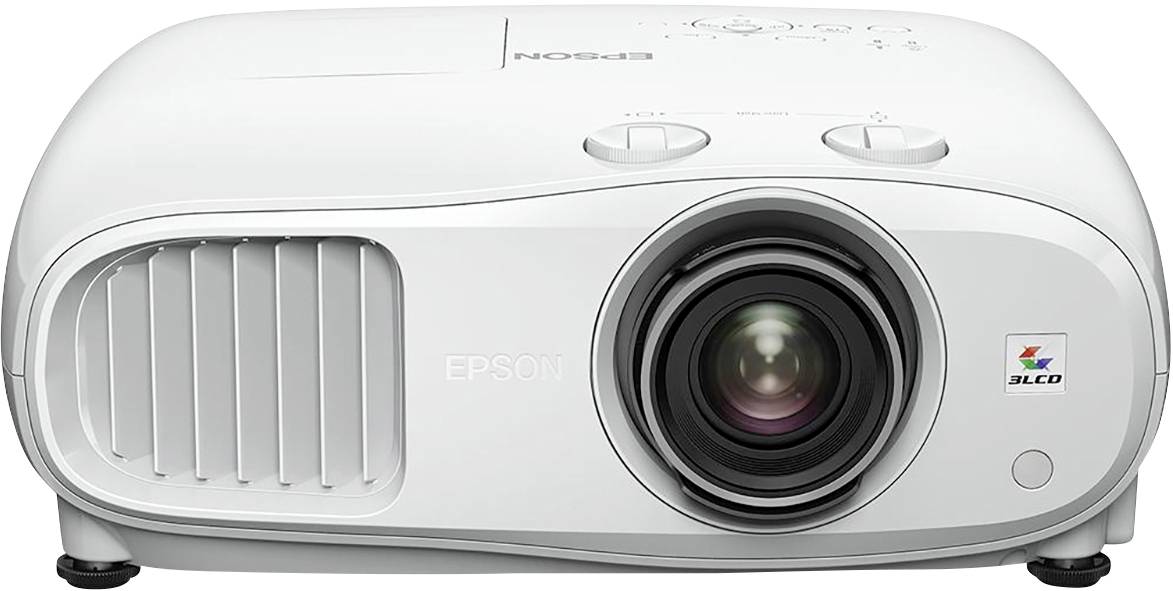 Een witte Epson-projector, model '3LCD', met een uitstekende lens en ventilatiesleuven. Hij is geschikt voor het presenteren van beelden.