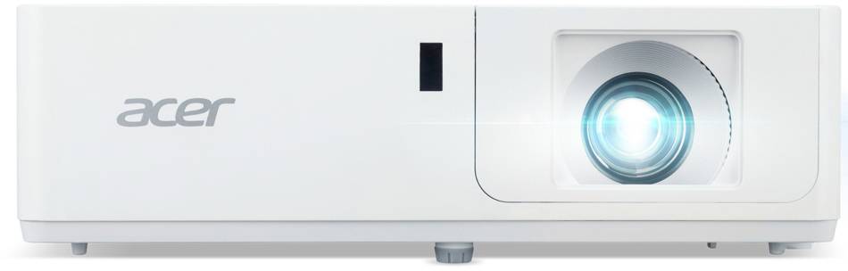 Een witte Acer-projector met een verlicht objectief op een vlak oppervlak.