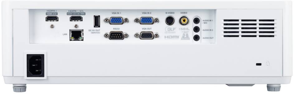 De achterkant van een projector met verschillende aansluitingen, waaronder HDMI-, USB-, VGA- en audio-poorten, evenals een LAN-aansluiting.