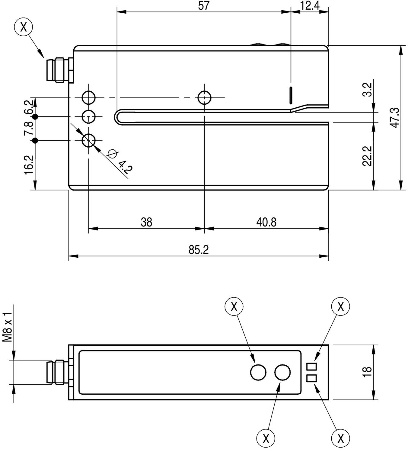 Technische tekening van een sensor met afmetingen in millimeters, weergave van zij- en vooraanzicht, met maatlijnen en labels.