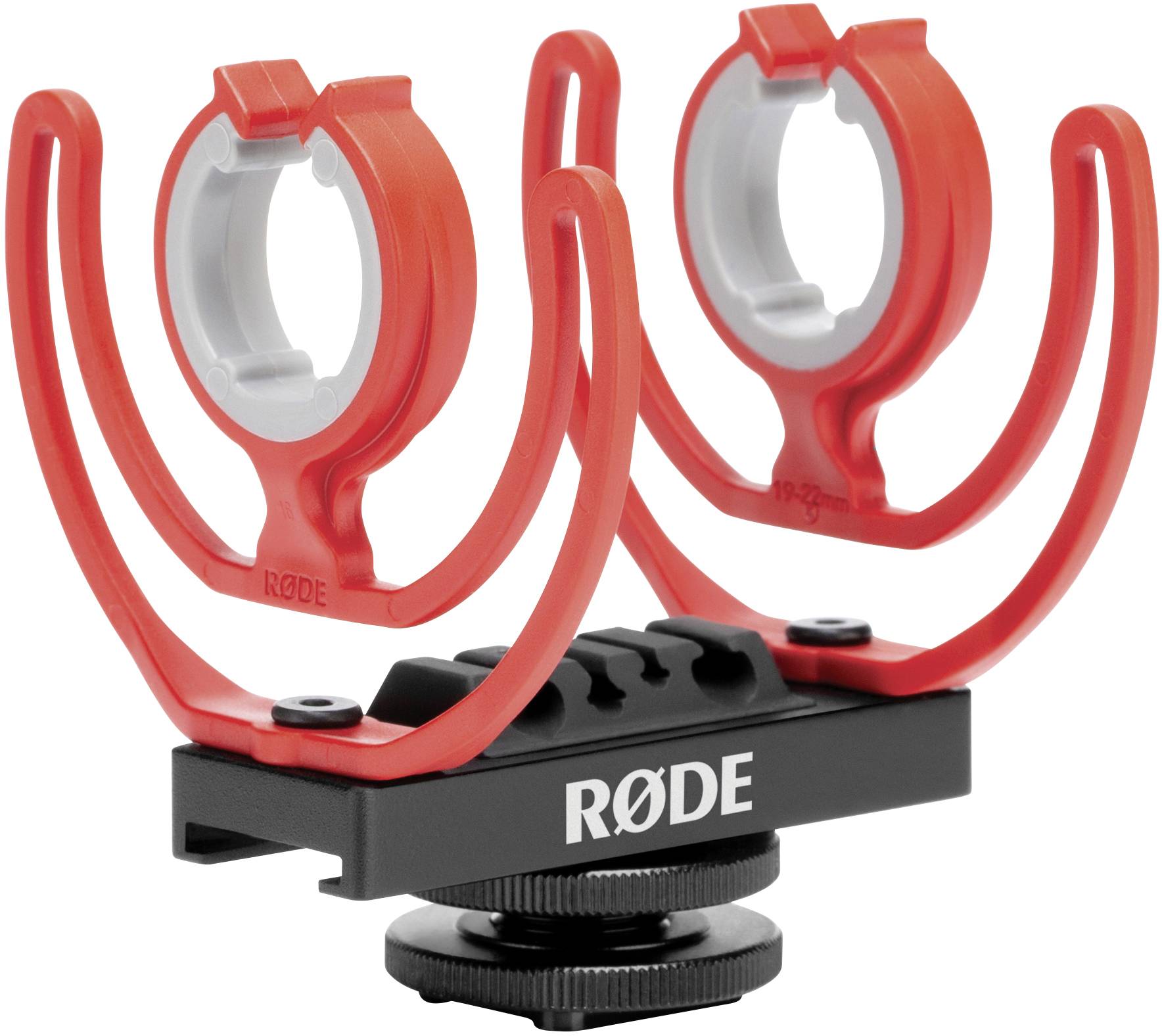 Rode microfoonhouder met dubbel bevestigingssysteem en rode schokdemping. Geschikt voor stabilisatie en vermindering van handvatgeluiden.