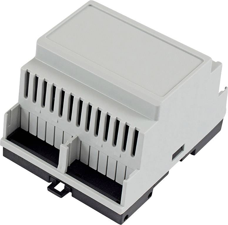 Een grijs elektrisch behuizing met ventilatiesleuven, monteerbaar op een DIN-rail, wordt getoond.