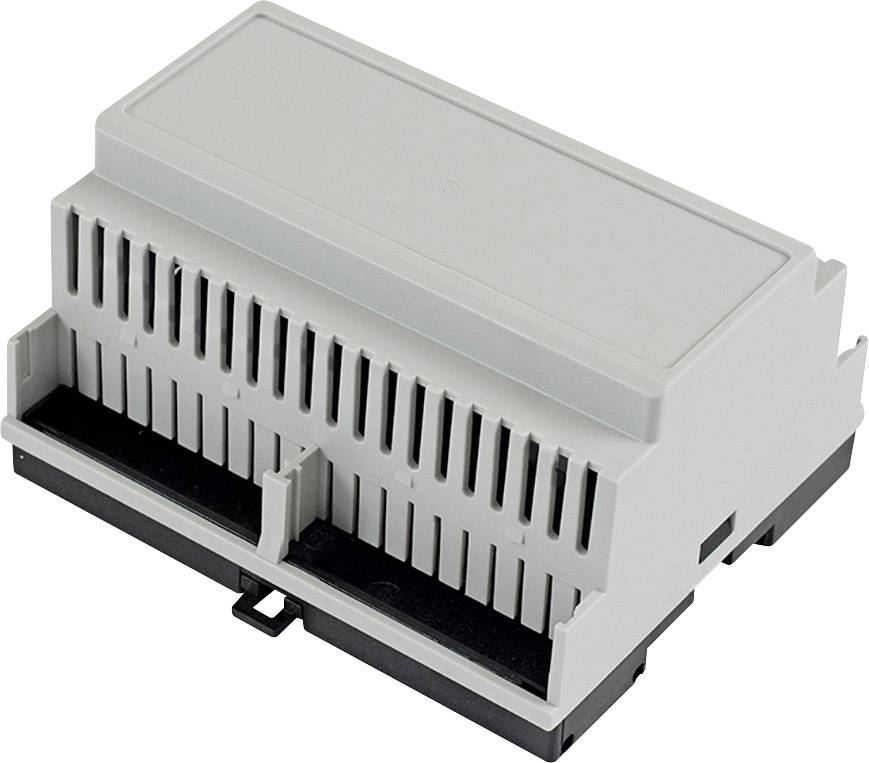 Een grijs, rechthoekig elektrisch behuizing met ventilatiesleuven, geschikt voor montage op DIN-rails.