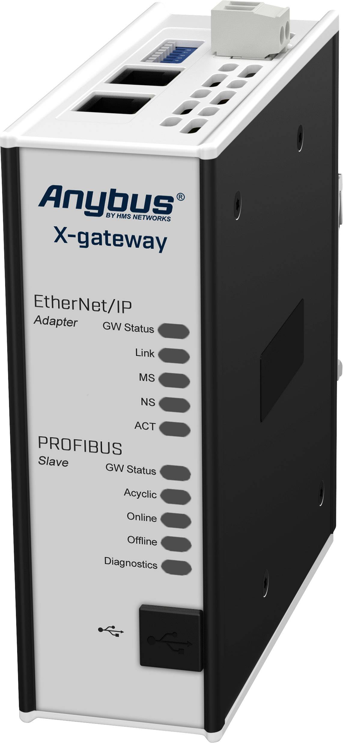 Een zilveren communicatiemodule met 'Anybus X-gateway' opdruk. Biedt verbinding tussen EtherNet/IP en PROFIBUS systemen.