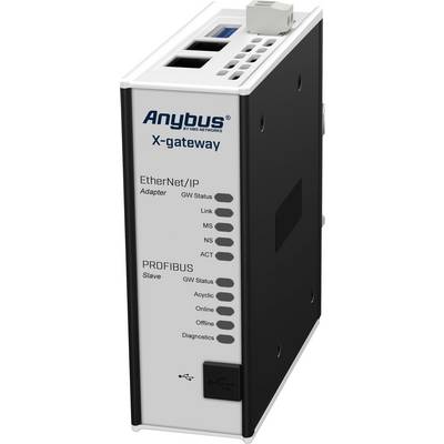 Een zilveren communicatiemodule met 'Anybus X-gateway' opdruk. Biedt verbinding tussen EtherNet/IP en PROFIBUS systemen.