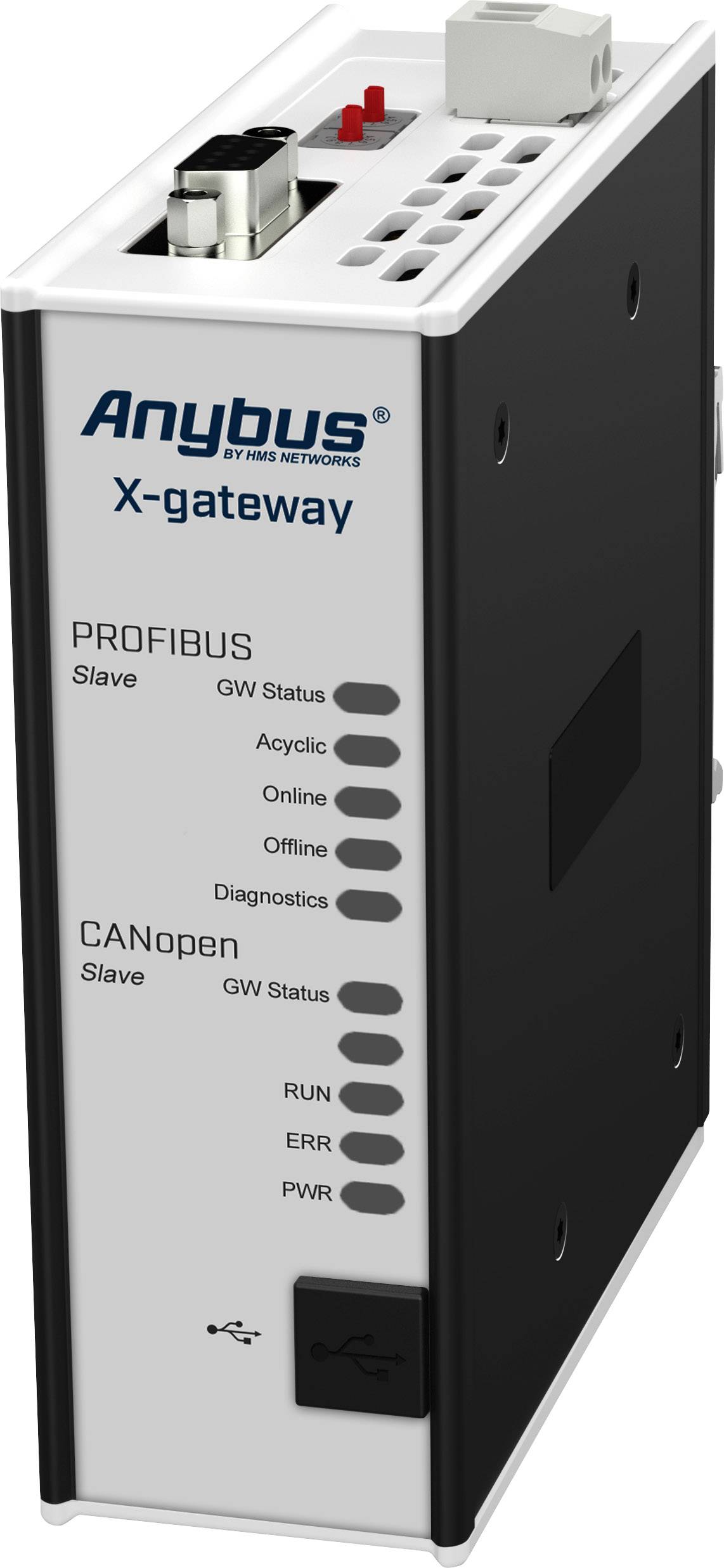 Een rechthoekig apparaat met het opschrift 'Anybus X-gateway'. Het toont status-LED's voor PROFIBUS en CANopen, met indicatoren voor bedrijf en fouten.