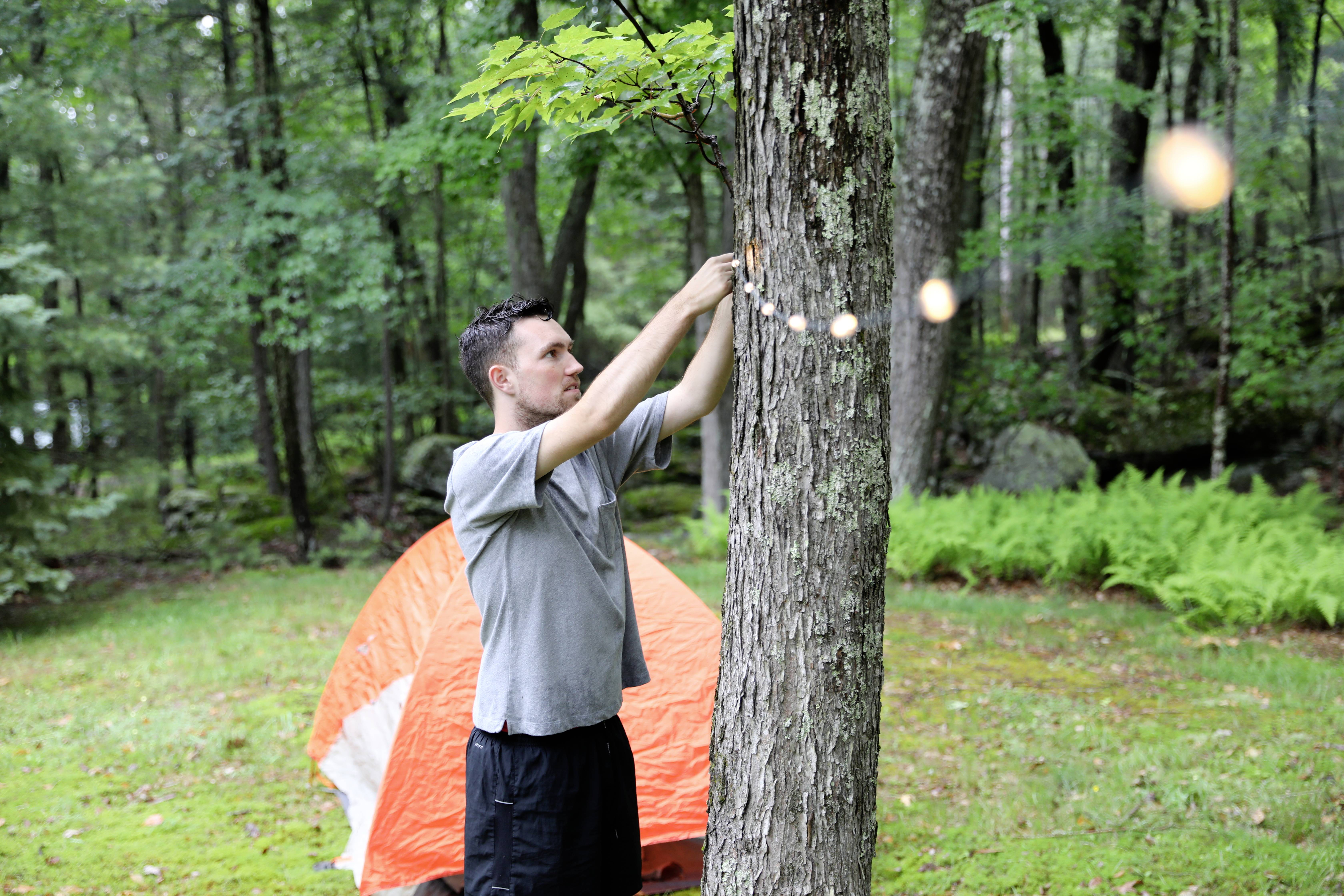 Een man hangt slingers aan een boom in het bos. Op de achtergrond staat een rood tent. Het is een zonnige dag buiten.