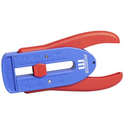 Een blauw-rode kabelstripper. Blauwe behuizing met rode handgrepen. Maataanduiding van 0,12 tot 0,8 mm voor nauwkeurig werk.