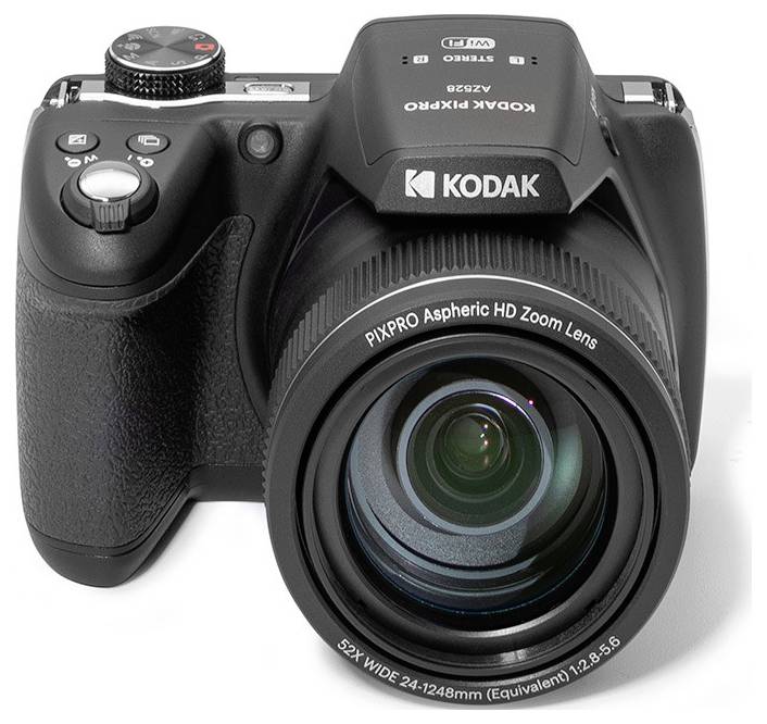 Een digitale Kodak PixPro camera met een grote zoomlens, gelabeld '52X WIDE 24-1248mm (Equivalent) 1:2.8-5.6'.