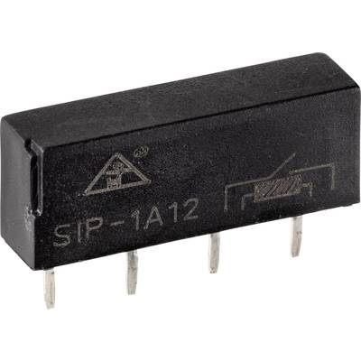 Zwart relais met vier metalen pinnen, aanduiding 'SIP-1A12'. Elektronisch onderdeel voor schakelingen.