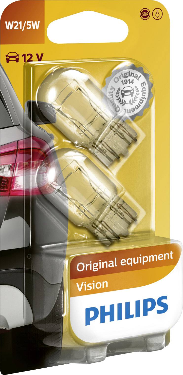 Twee gloeilampen van Philips, model W21/5W, 12V, in een blisterverpakking. Geschikt voor voertuigen, afgebeeld naast een auto.