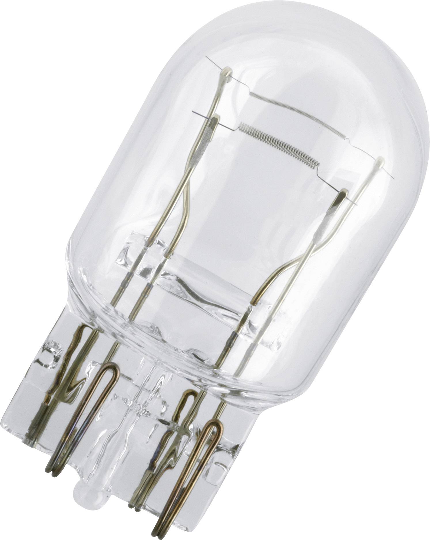 Een transparante gloeilamp met een glazen voet, op een lichtgrijze achtergrond. Hij toont de interne draden en de peervorm.