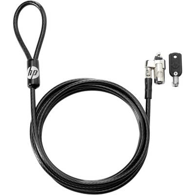Veiligheidsslot met kabel, HP-logo, voor diefstalbeveiliging van laptops. Metalen kabel met lus en vergrendelingsmechanisme.