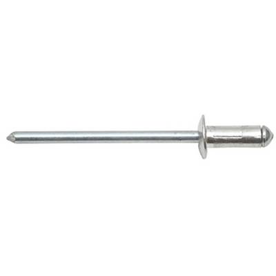 Een zilveren blinde klinknagel met een lange pen en een brede kop. Wordt vaak gebruikt voor het permanent verbinden van dunne metalen onderdelen.
