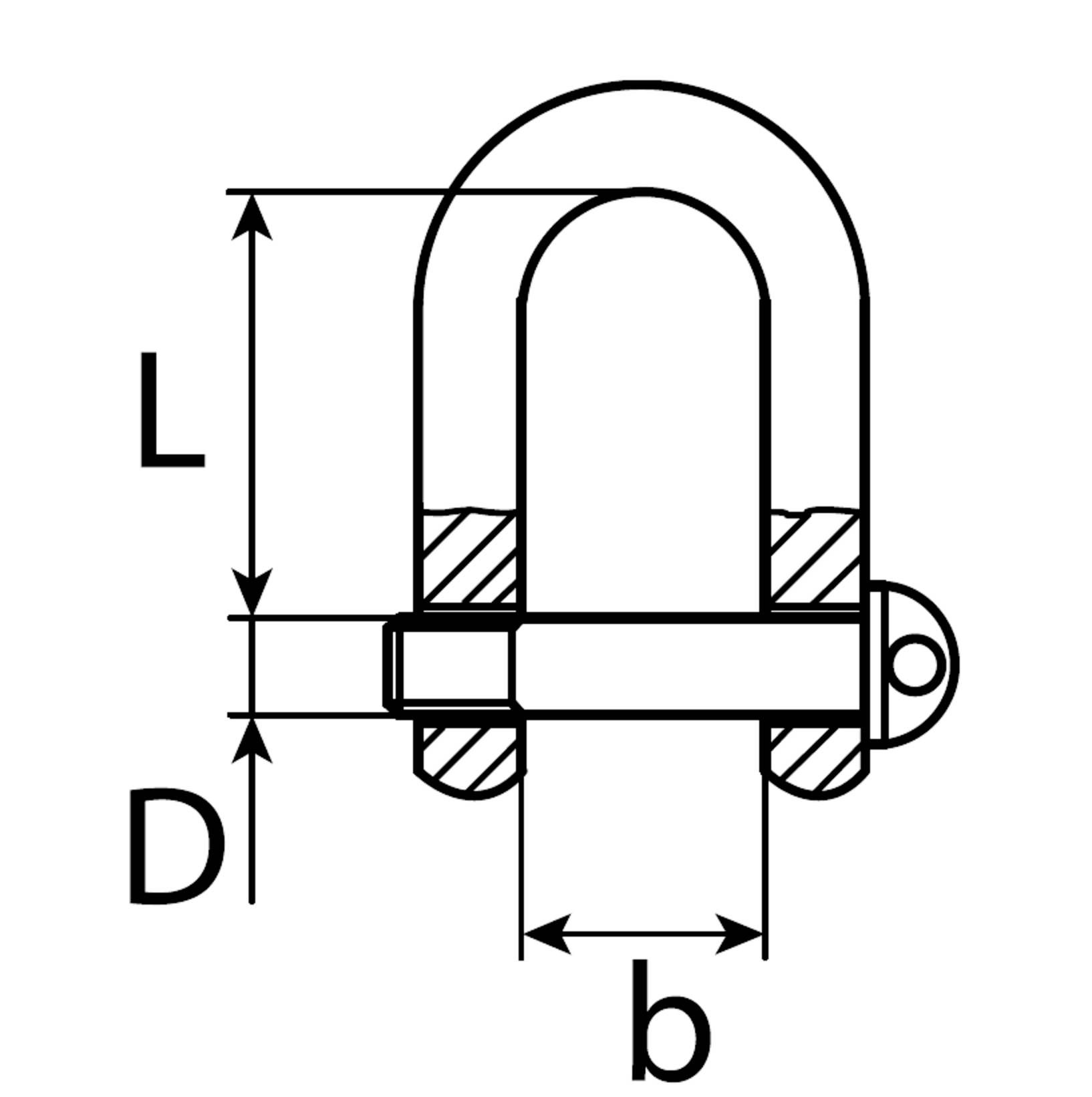 Technische tekening van een harpslot met afmetingen 'L', 'D' en 'b', die de afmetingen van de benen en boutbreedte weergeven.