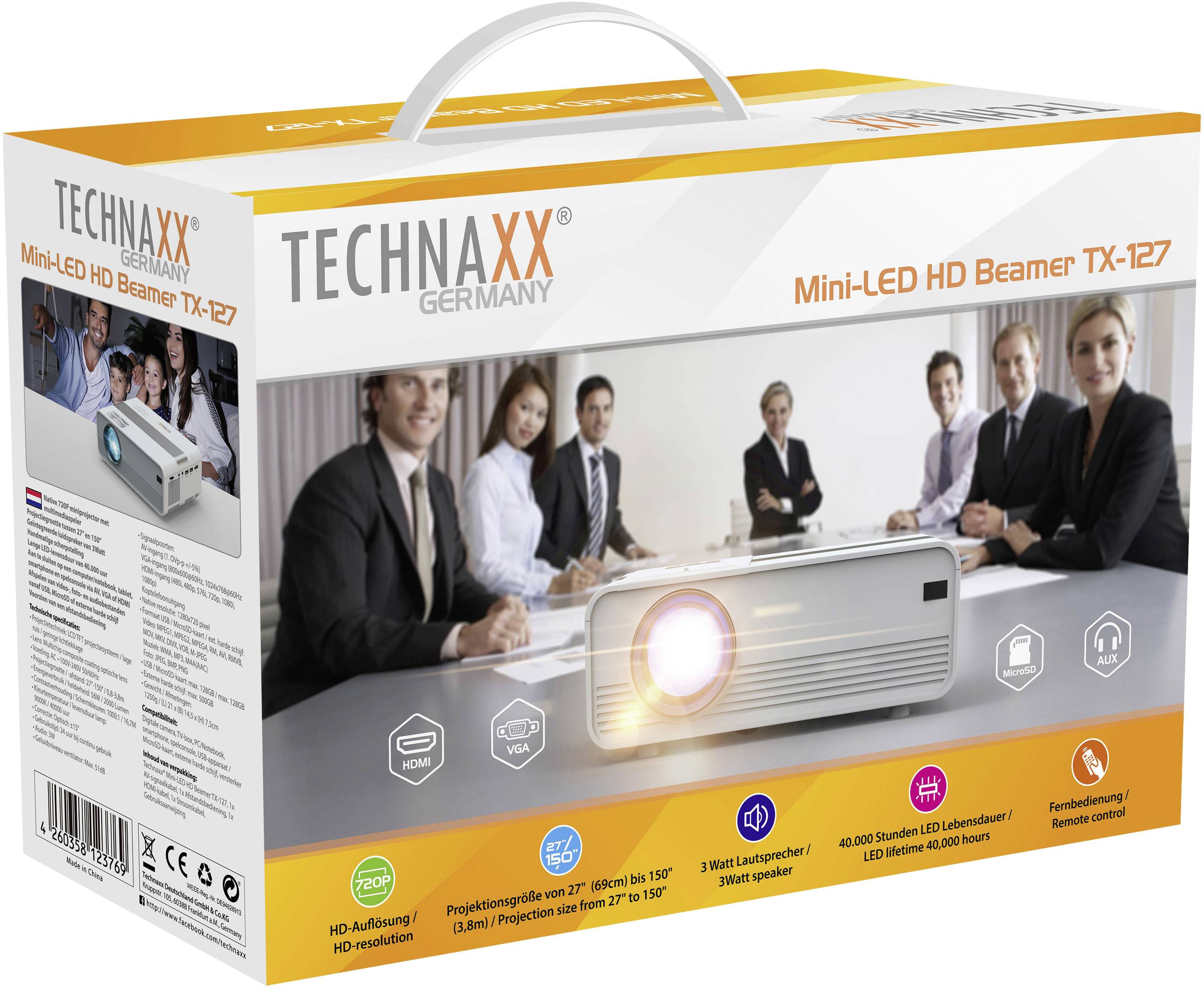 Verpakking van een Mini-LED HD Projector van het merk 'Technaxx Germany'. Toont de projector, specificaties en een kantoor met mensen op de achtergrond.