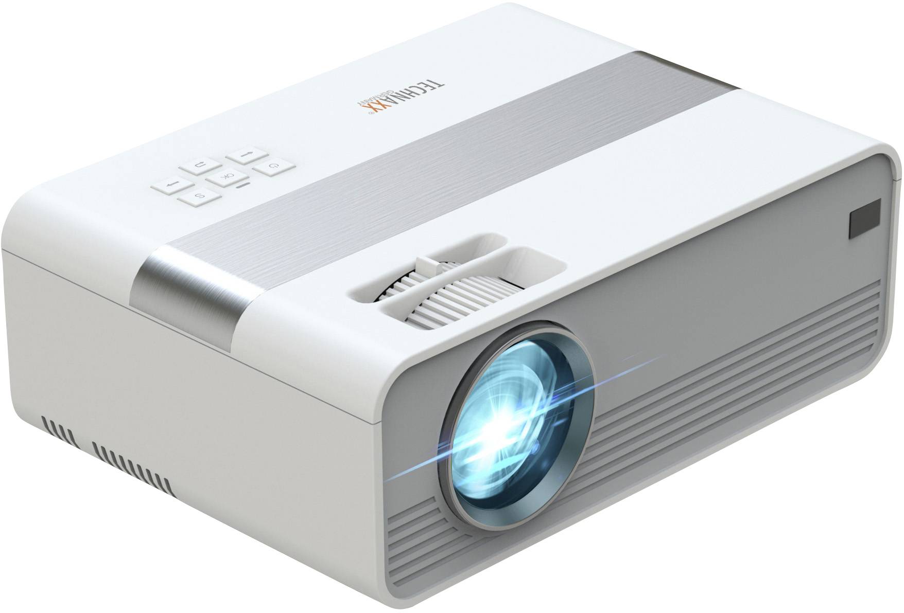 Een moderne, draagbare projector met een helder lens in een licht behuizing, geplaatst op een vlak oppervlak.