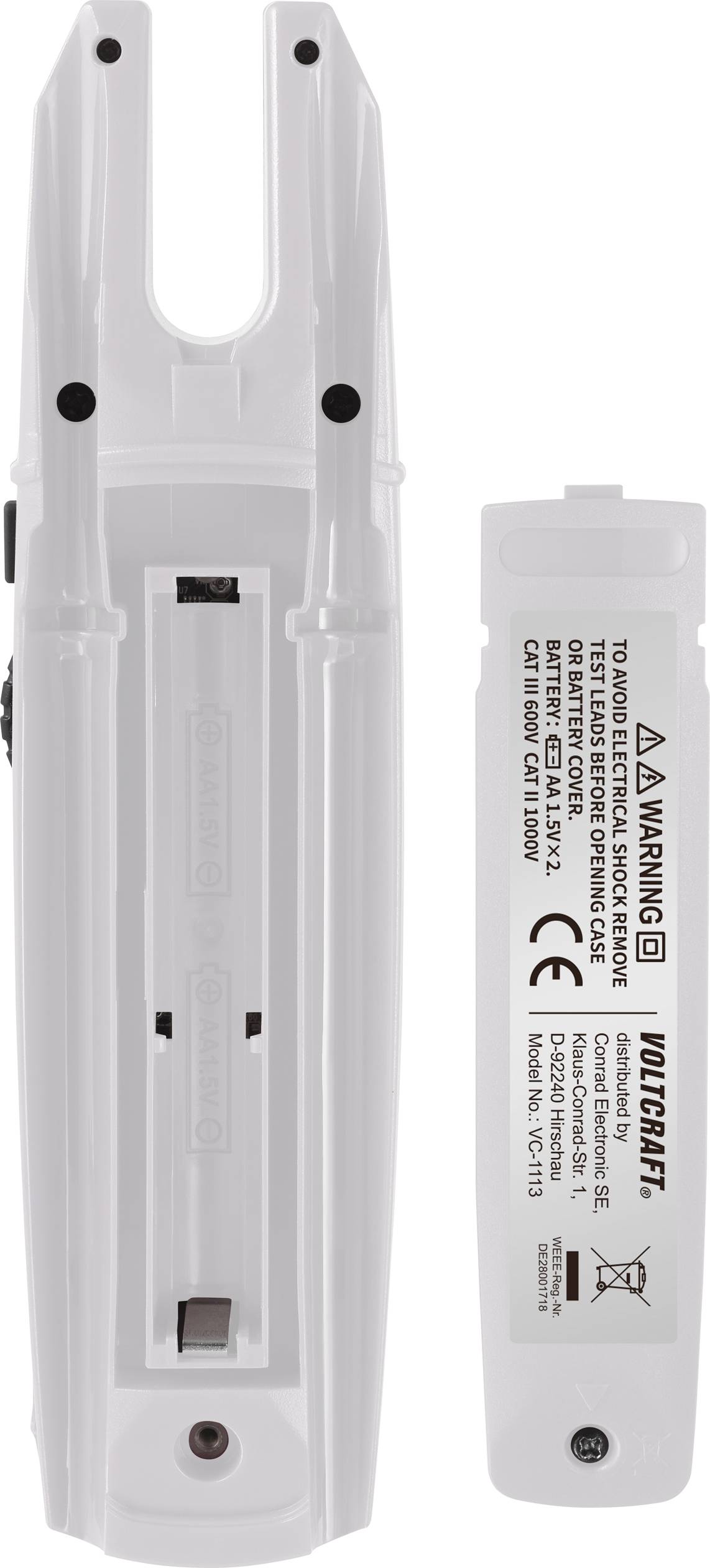 'Leeg batterijvak van een Voltcraft-apparaat, deksel met veiligheids- en bedrijfsinformatie.'