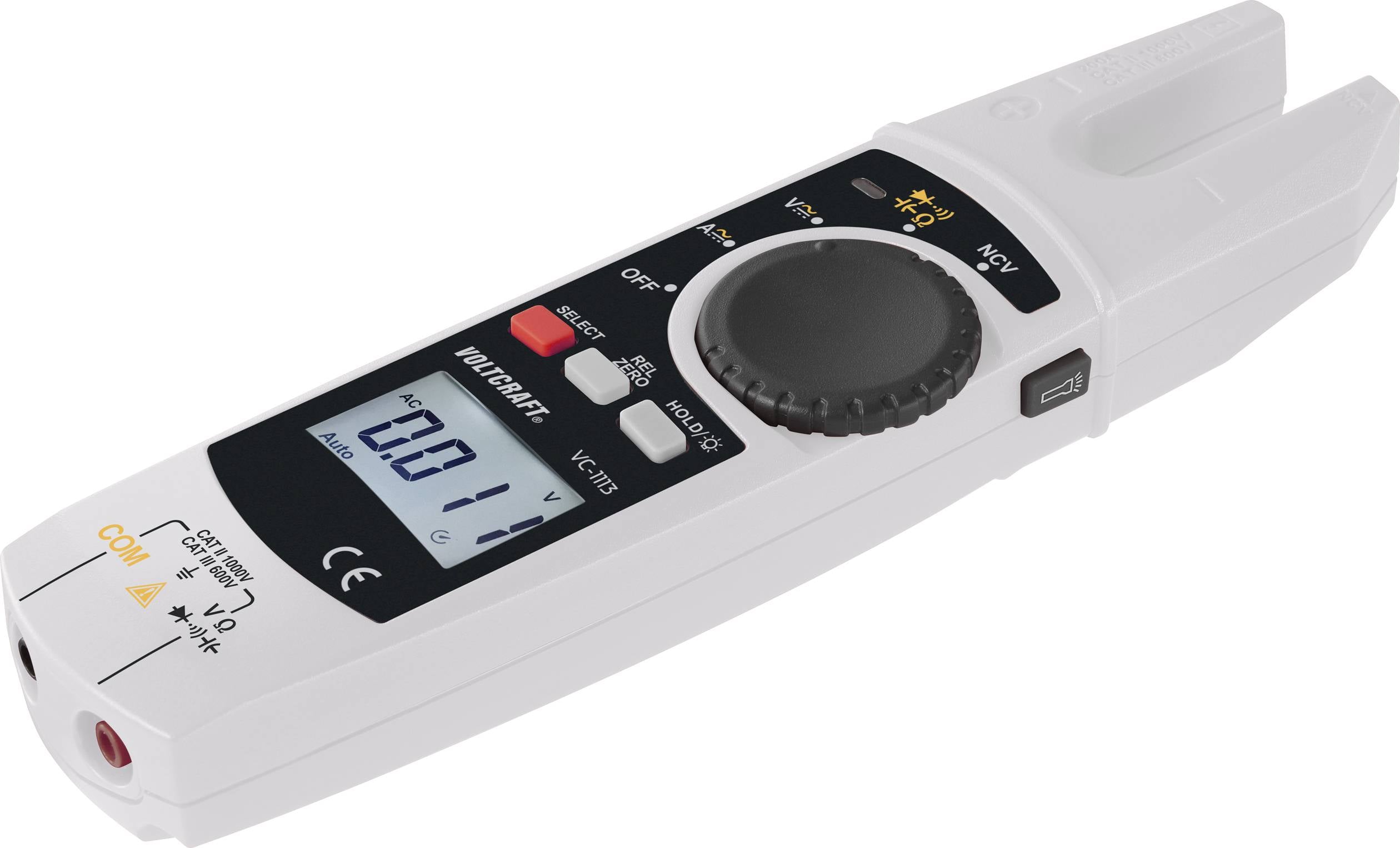 Digitale multimeter in pennenvorm, toont een meting van 0,01. Het heeft een draaiknop, display en knoppen voor verschillende meetfuncties.