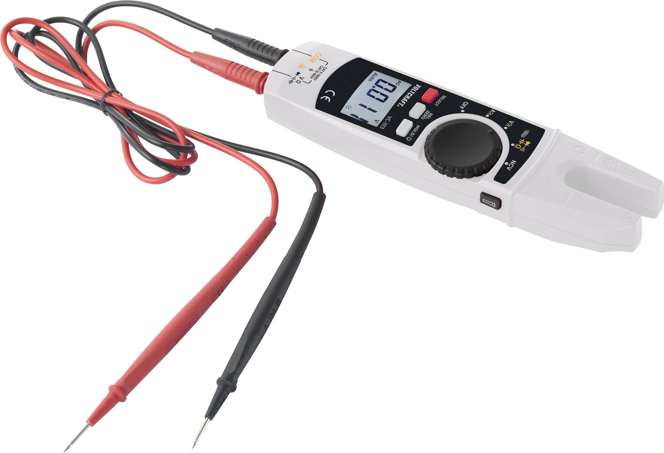Een digitaal multimeter met rode en zwarte meetpennen, toont '00' op het display en is geschikt voor elektrische metingen.