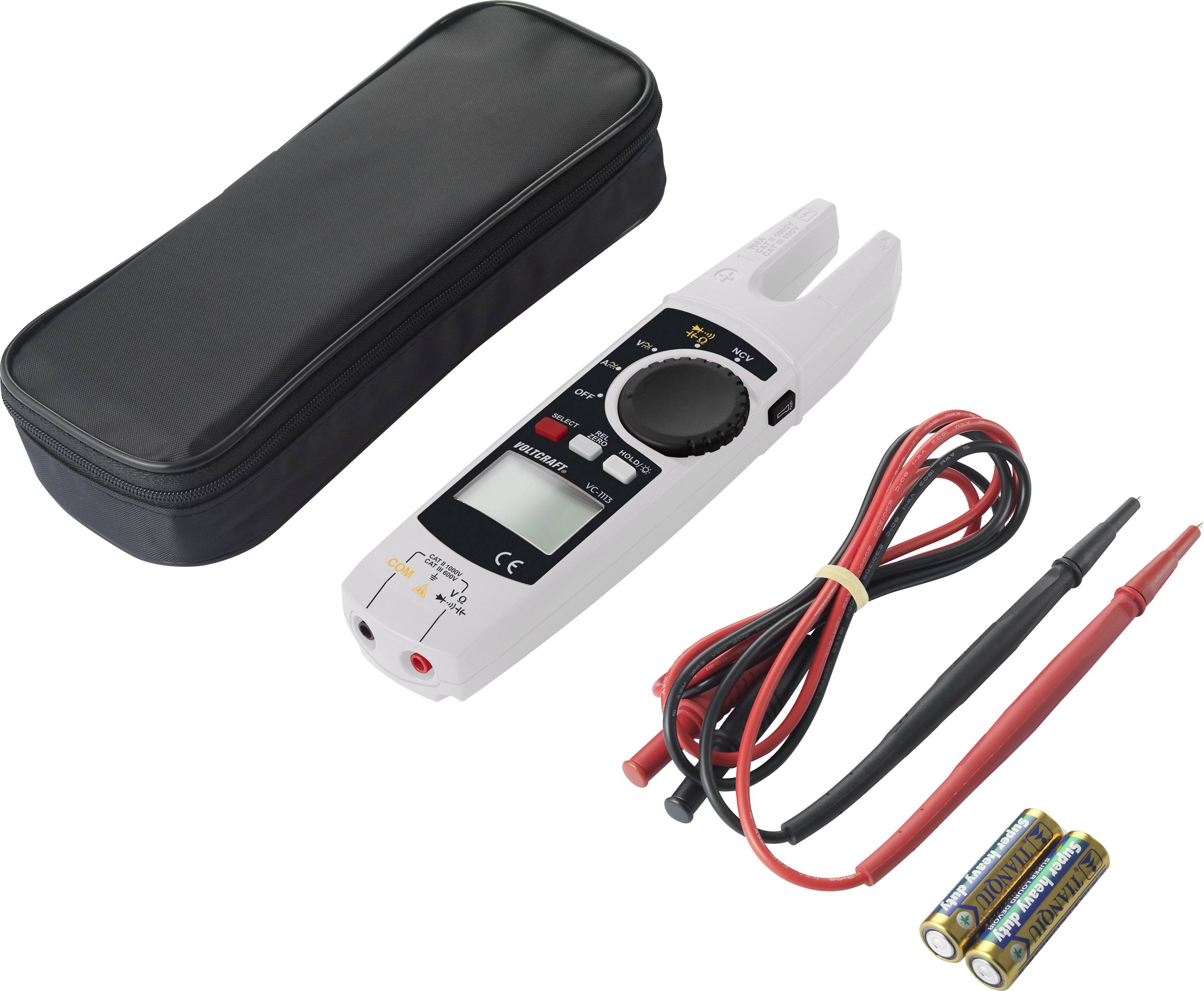 Multimeter met toebehoren: Bevat het apparaat, rode en zwarte meetpennen, twee batterijen en een zwarte draagtas.