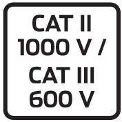 'CAT II 1000 V / CAT III 600 V' – Veiligheidslabel voor elektrische meetapparatuur, geeft spanning- en categoriegrenzen aan.