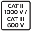 'CAT II 1000 V / CAT III 600 V' – Veiligheidslabel voor elektrische meetapparatuur, geeft spanning- en categoriegrenzen aan.