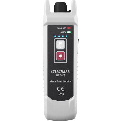 Draagbaar apparaat voor optische foutlocalisatie met rode laserweergave en groene 'APO'-indicator. 'VOLTCRAFT OFT-01' etiket zichtbaar.