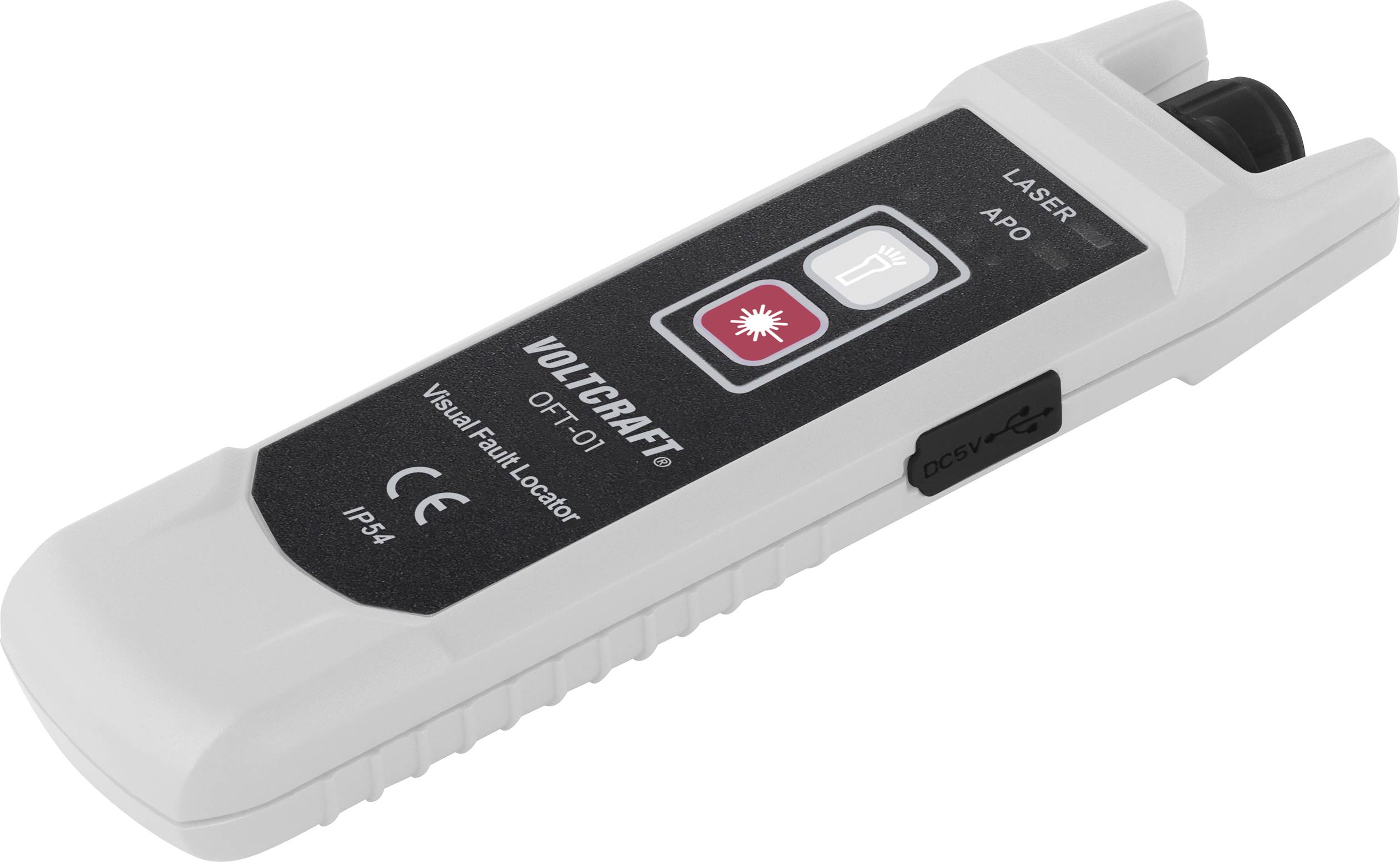 Een draagbare visuele foutlocalisator met een zwarte behuizing en rood lasersymbool, geschikt voor de diagnose van glasvezelkabels.