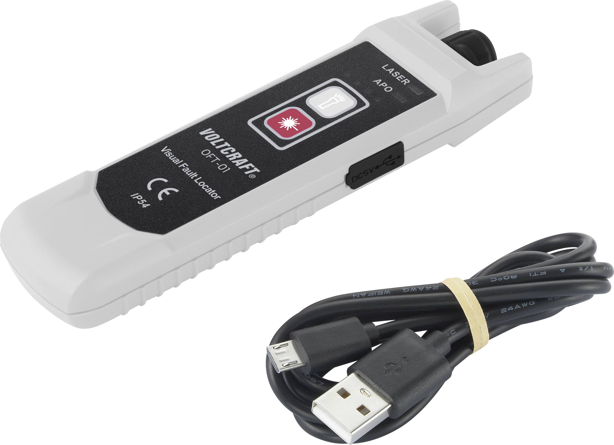 Een spanningszoeker en een USB-kabel. De spanningszoeker heeft een digitaal display en veiligheidscertificaten.