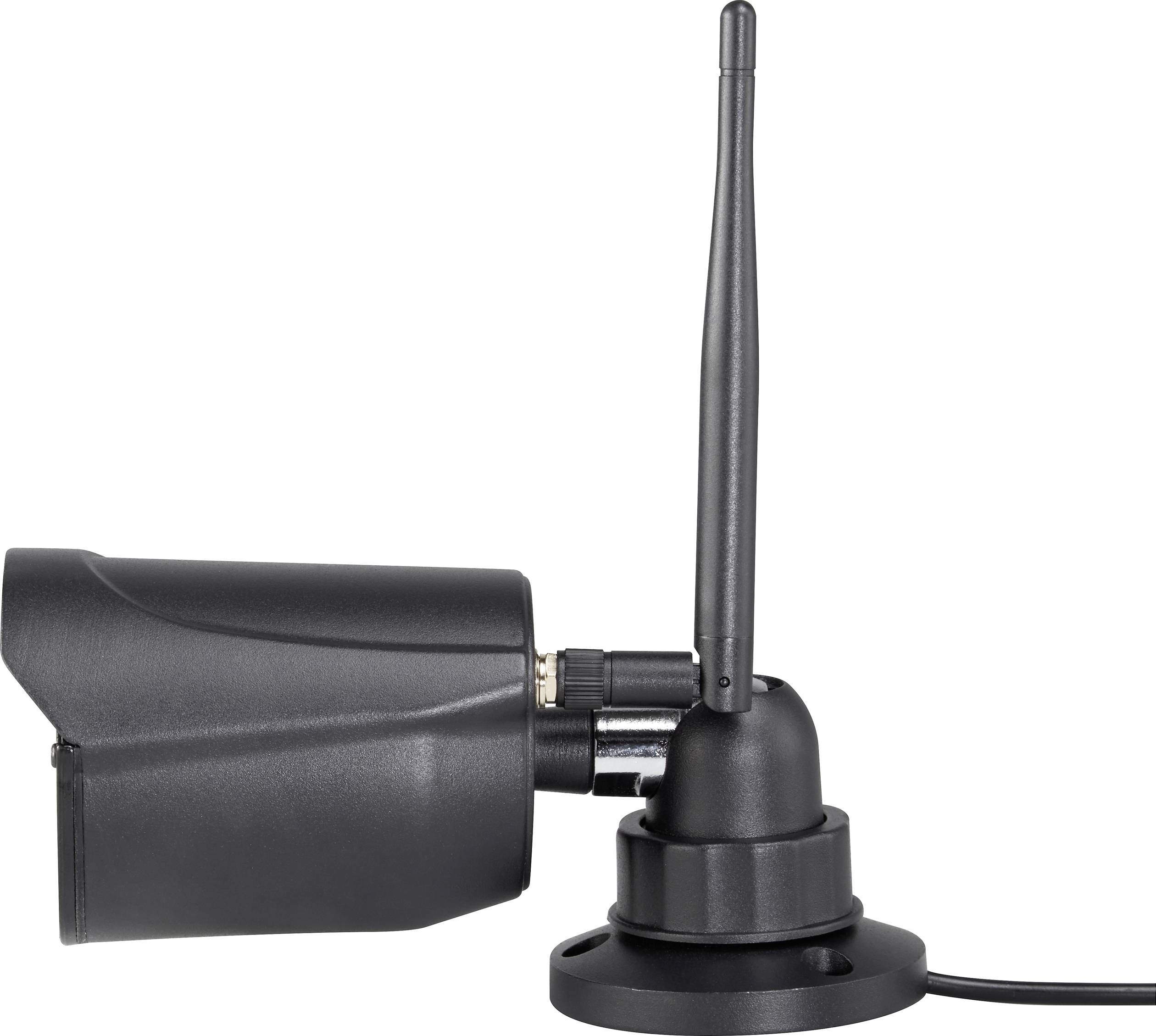 Een zwarte bewakingscamera met antenne, zijdelings gemonteerd, met kabelaansluiting aan de basis.