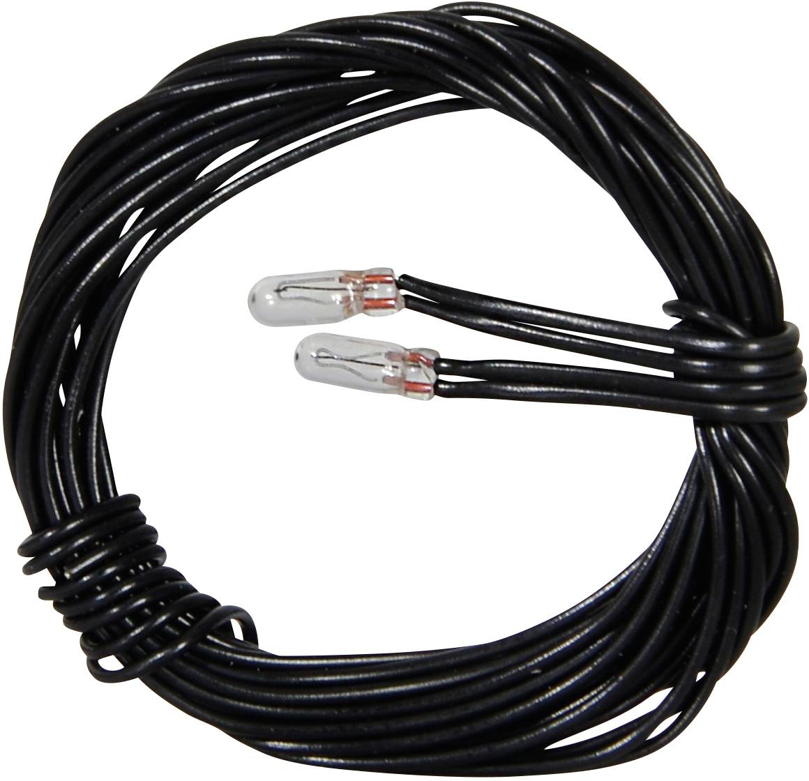 Zwart kabel met twee kleine transparante sensoren aan één uiteinde, opgerold en klaar voor gebruik.