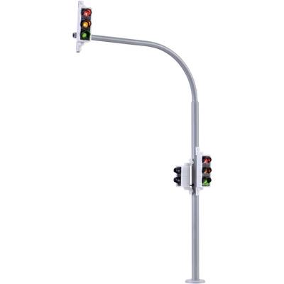 Speelgoed-verkeerslicht met twee verkeerslichten op een gebogen grijze mast; beide verkeerslichten tonen rood, geel en groen.