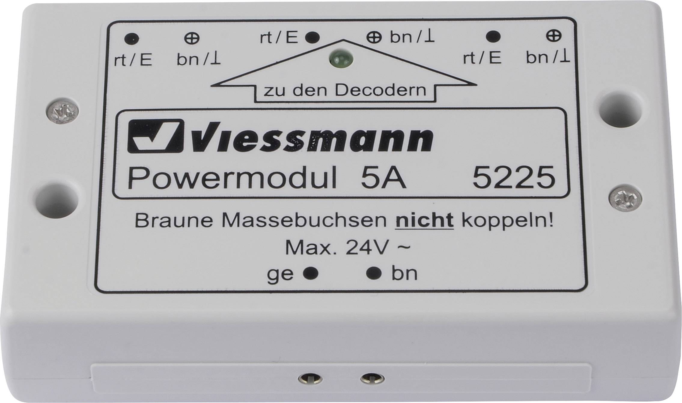 'Viessmann Powermodul 5A 5225', Opmerking: 'Bruine massastekers niet koppelen! Max. 24V ~', Richtingspijl 'naar de decoders'.
