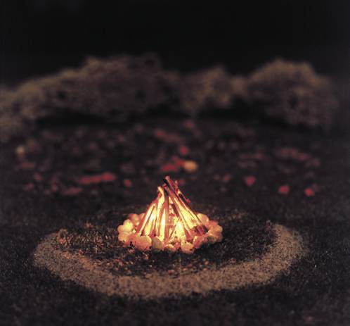 Een klein kampvuur in een donkere omgeving, omringd door stenen, schijnt warm en helder. Op de achtergrond is vaag de natuur te herkennen.